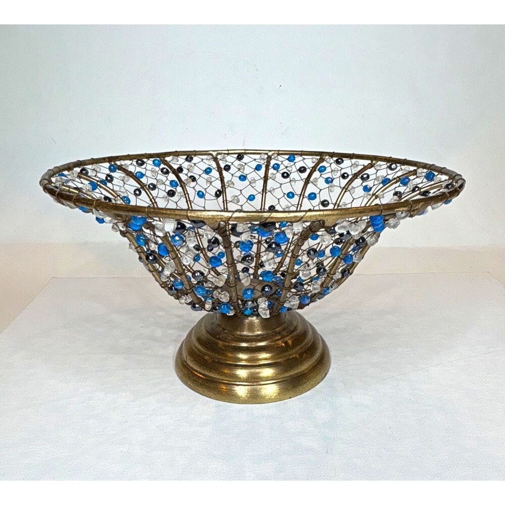 Vtg Footed Beaded Wire Mesh Metal Bowl w/ Blue Black Clear Glass Beads India